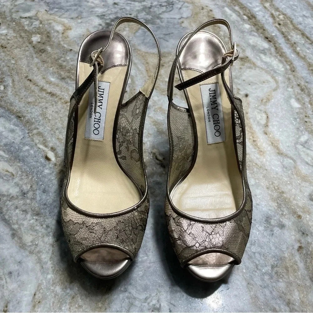 Jimmy Choo Metallic Brown Lace Dahlia Peep Toe Pumps Size 37